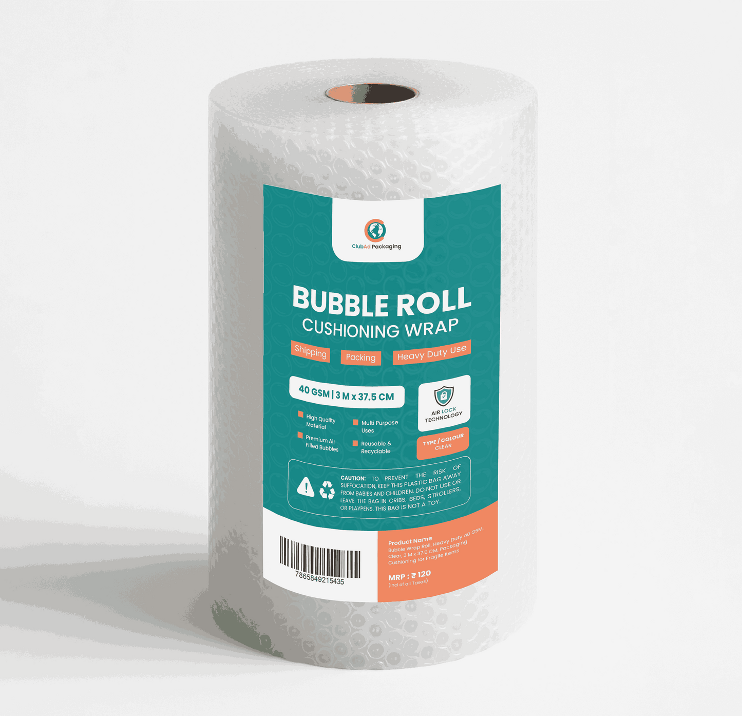 Bubble Wrap Roll, Heavy Duty 40 GSM, Clear, 3 M x 37.5 CM, Packaging Cushioning for Fragile Items, Box of 8 Rolls